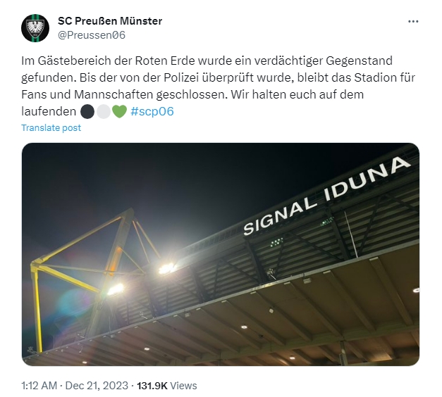 球場(chǎng)出現不明爆炸物：明斯特VS多特2隊德丙比賽被迫推遲